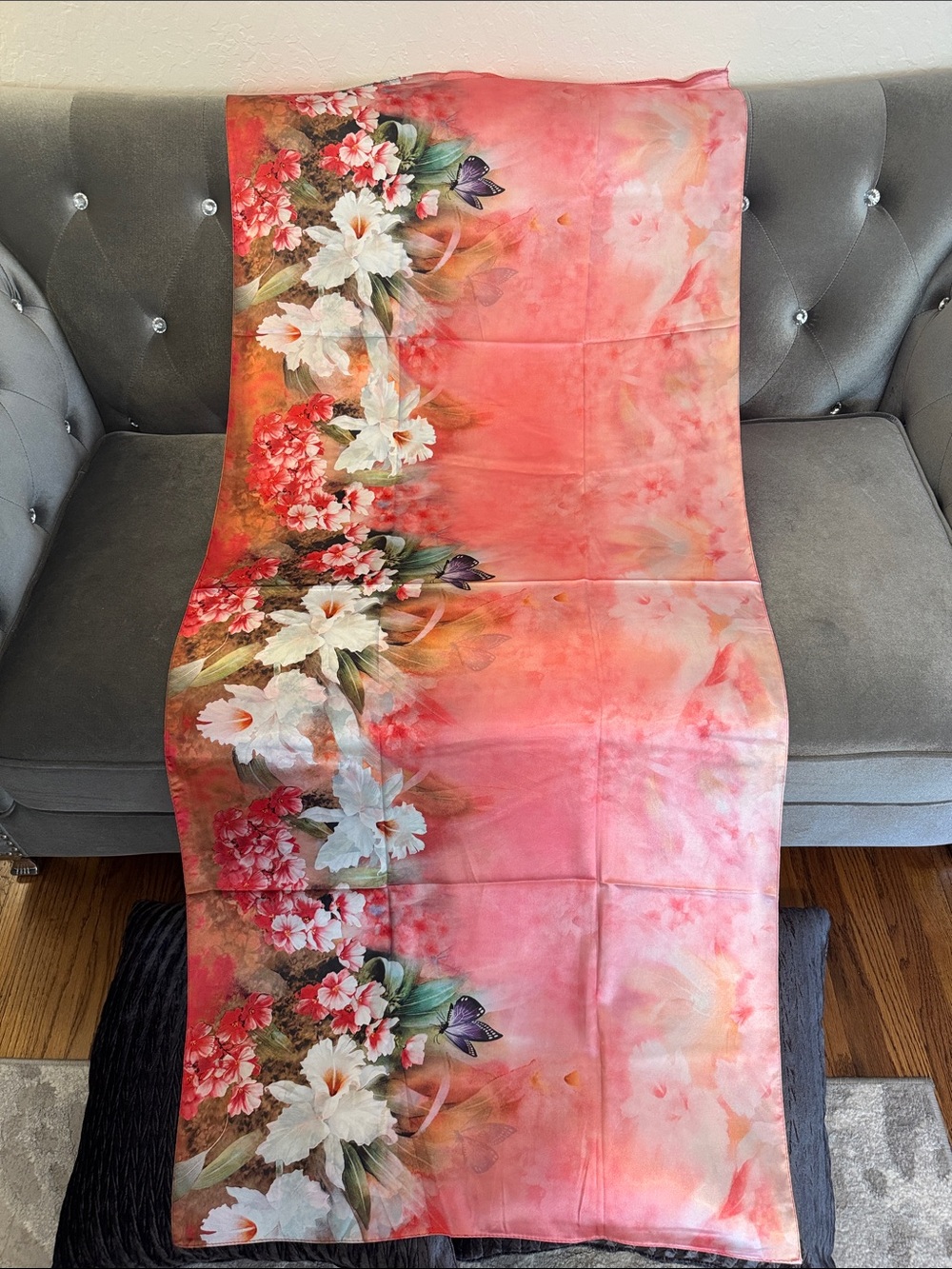 NEW 100% Silk Floral Scarf Wrap Coral Pink 28” x 62”